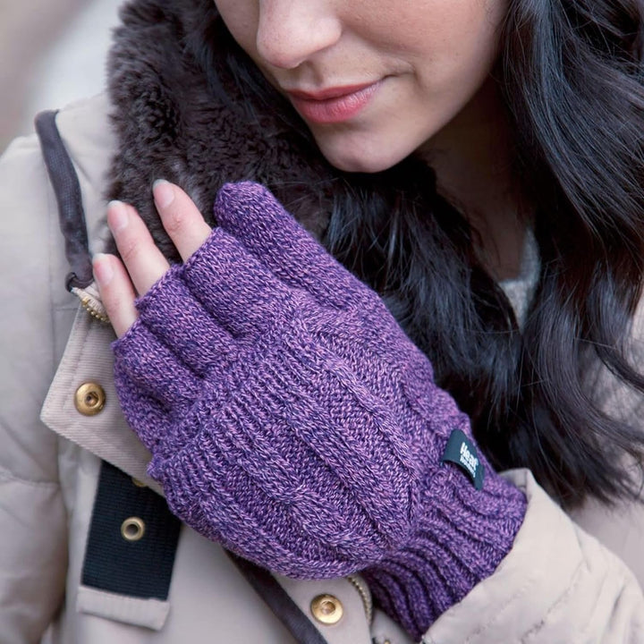 HEAT HOLDERS Fingerlose Damen-Thermo-Konverter-Handschuhe mit Zopfmuster, 2,3 Tog Dusky Blau, Dusky