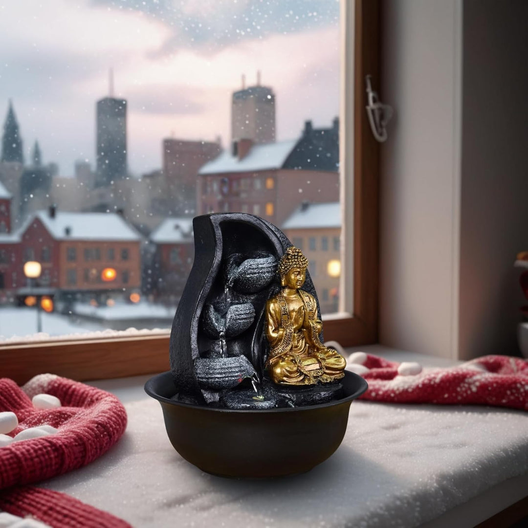 Zen Light Praya Zimmerbrunnen mit Pumpe und LED-Beleuchtung, Kunstharz, Gold Single, Single