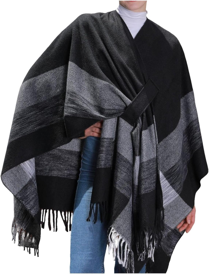 Wahuan Eleganter Bequemer Damen Poncho Pullover mit Chevronstreifen und Fransen Poncho Cape Retro Ca