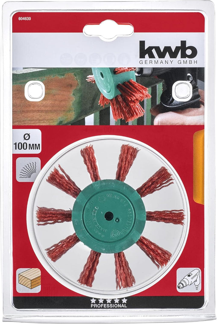 kwb Fächer-Bürste, fein, Schleif-Nylon, Ø 100 mm für Holz, Metall und Buntmetall, Nylonbürste für Bo