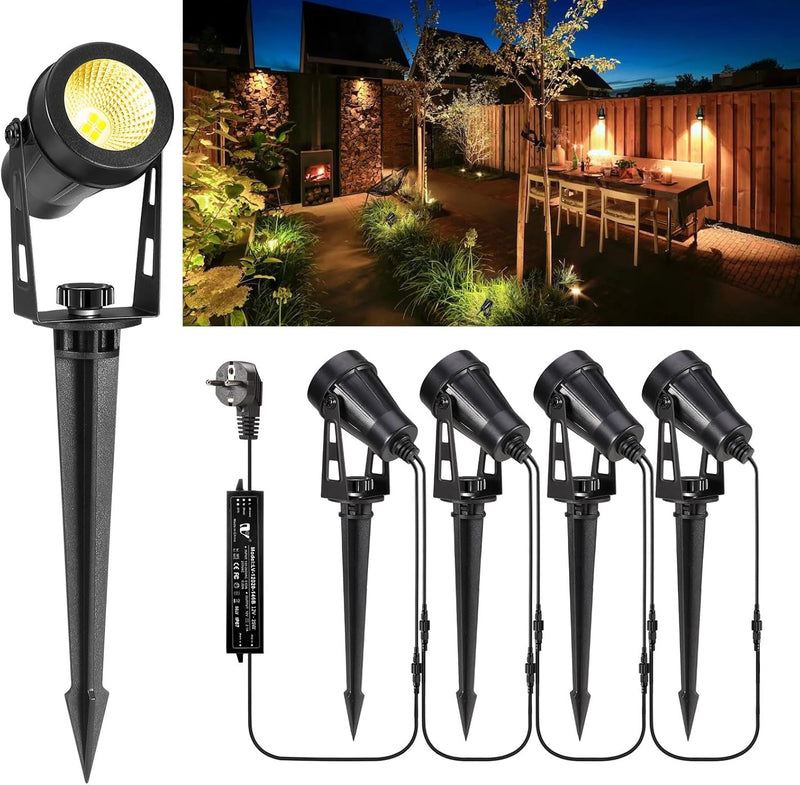 Greenclick Gartenbeleuchtung LED, 15m 4er Gartenstrahler mit Strom Erdspiess, 12V 3W 1200lm Gartenle