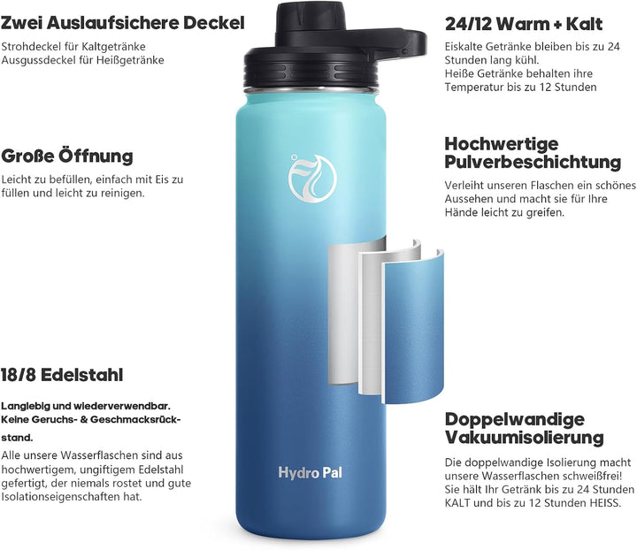 HydroPal Edelstahl Trinkflasche - 750ml, 1L, 1,2L, BPA-Frei, Kohlensäure geeignet, Isolierte Thermos