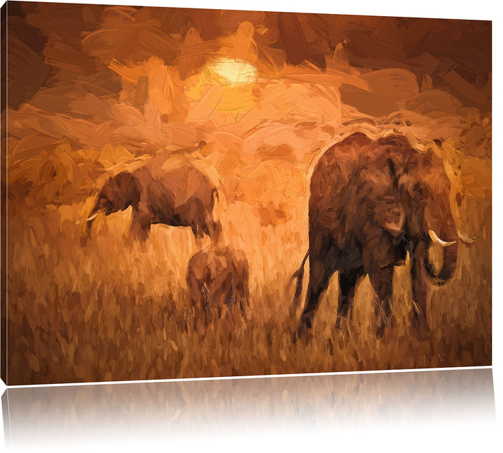 Pixxprint Elefanten in der Savanne / 100x70cm Leinwandbild bespannt auf Holzrahmen/Wandbild Kunstdru