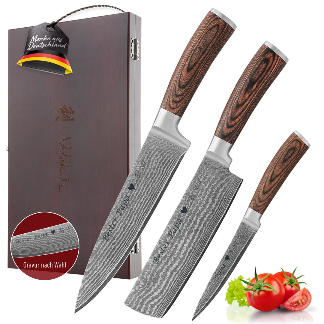 Wakoli EDIB 3er Damastmesser Set mit Gravur – Personalisiertes Messer-Set, Chefmesser, Nakiri & Allz