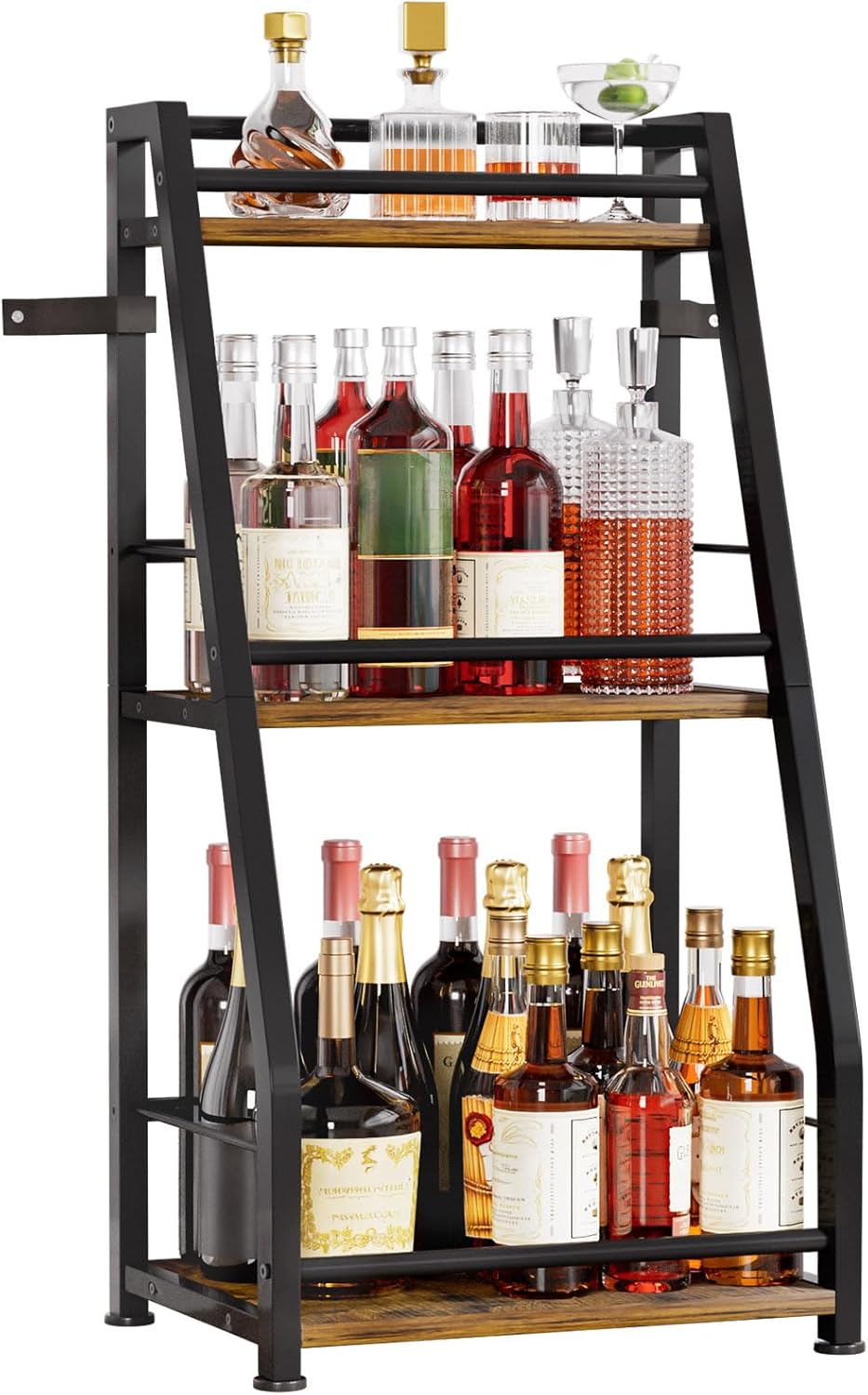Yorbay 3-Stöckiges Freistehendes Weinregal mit Geländer: Modern Metall-Holz Flaschenregal für Wein u