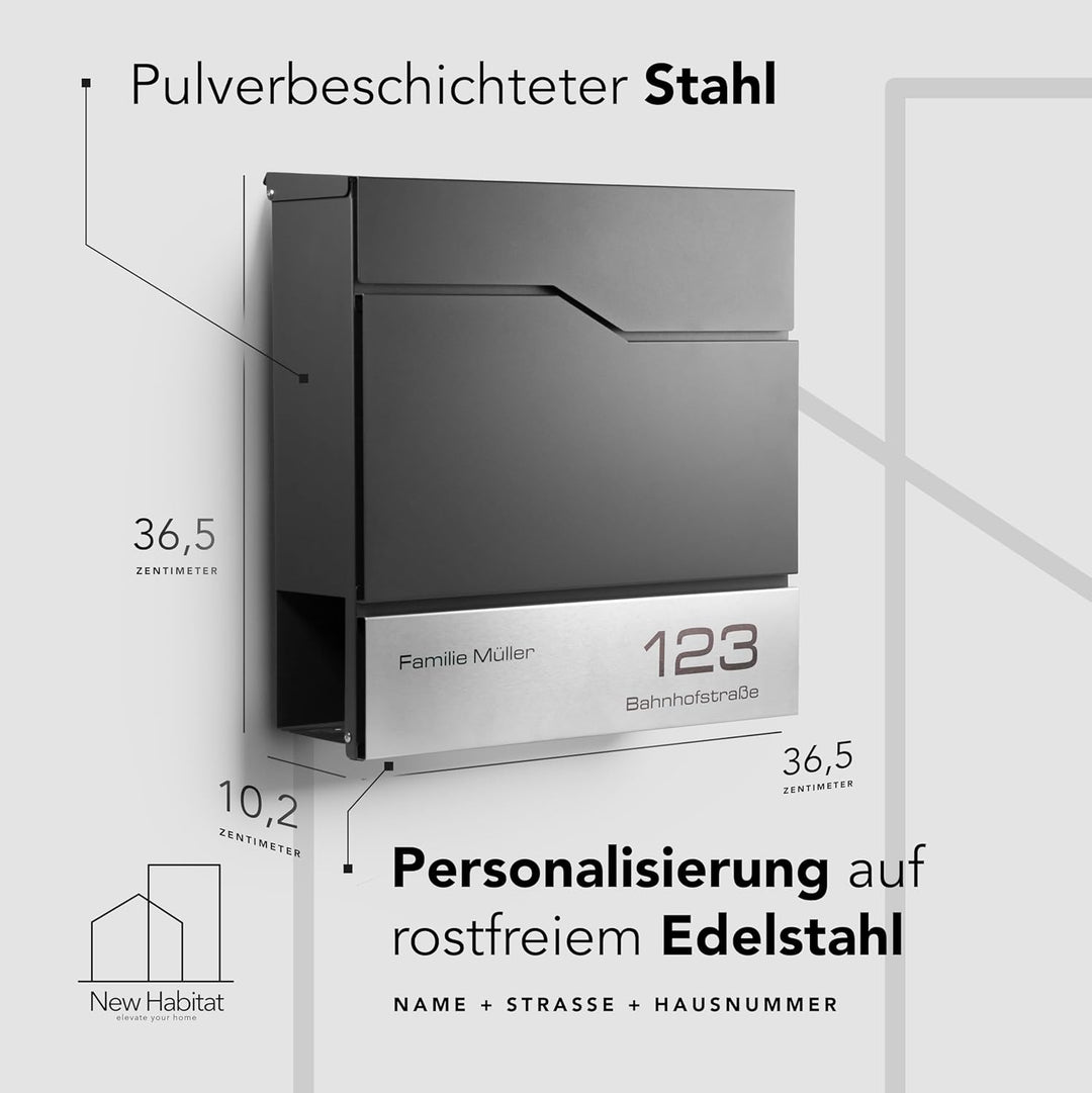 Moderner Briefkasten Personalisierbar Tokio Anthrazit RAL7016 - mit Zeitungsfach - Wandbriefkasten m