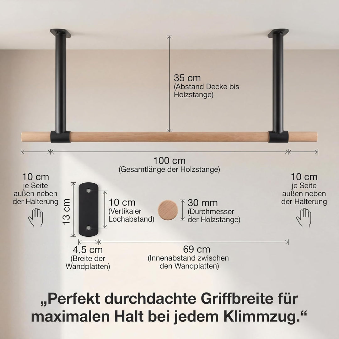 Klimmzugstange Decke - stilvolle Pull Up Bar aus Holz zur festen Deckenmontage - platzsparendes Desi