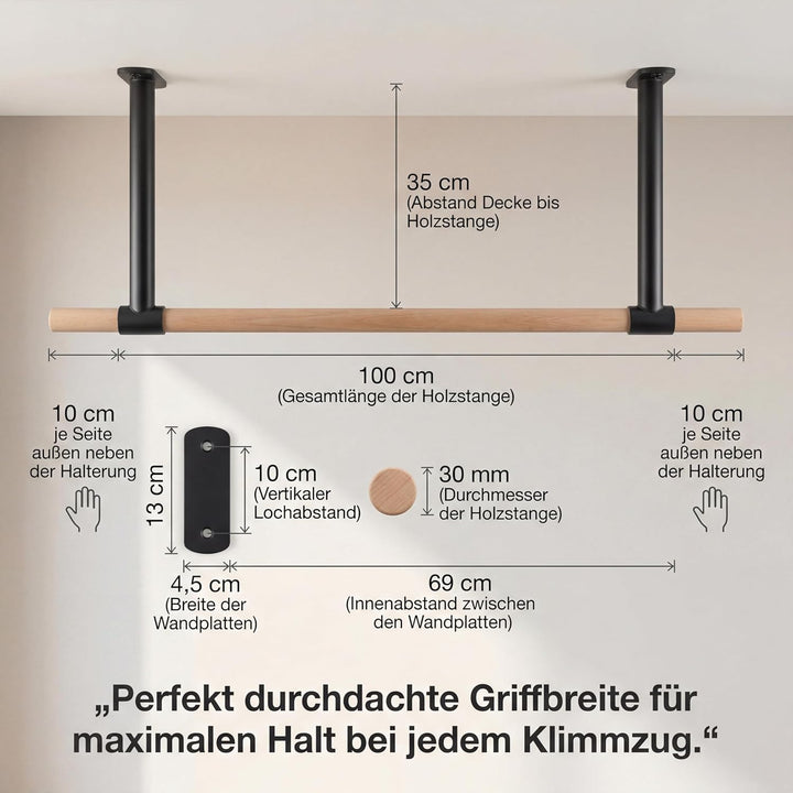 Klimmzugstange Decke - stilvolle Pull Up Bar aus Holz zur festen Deckenmontage - platzsparendes Desi