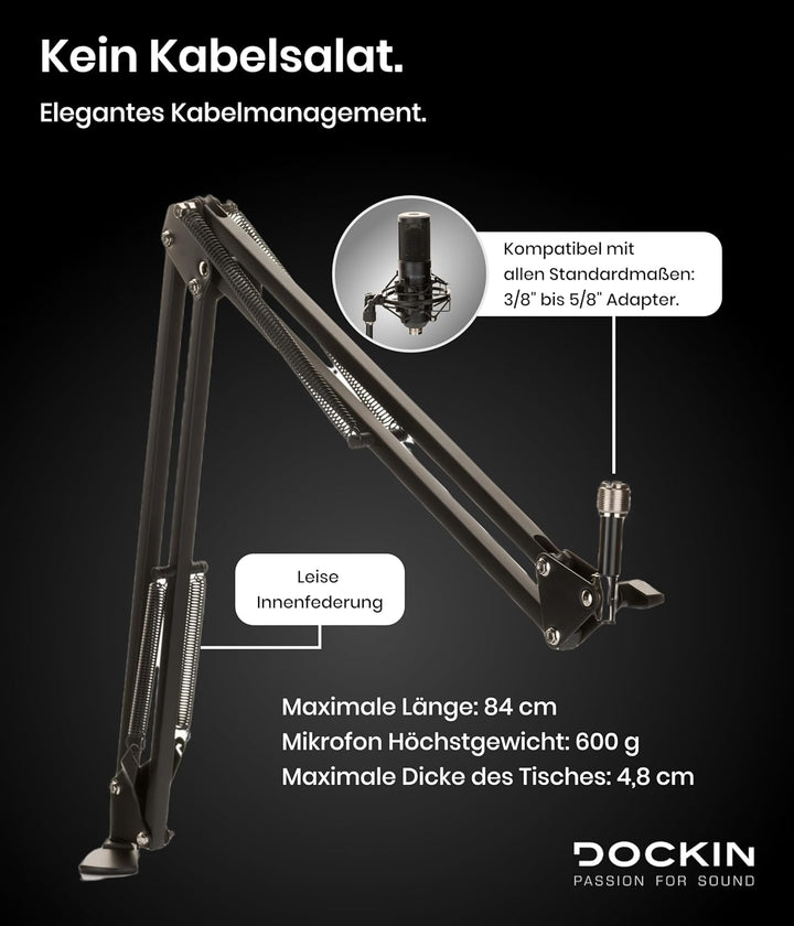 DOCKIN® Mikrofon Arm [84cm Schwenkreichweite] - Kompatibel mit RØDE Mikrofone, Razer Mikrofone, etc.