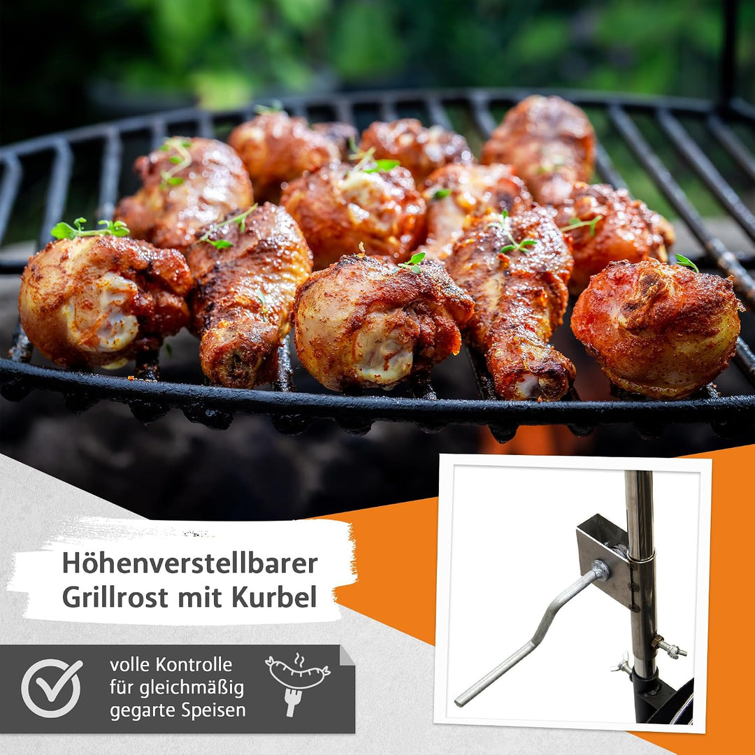 NATIV Lemodo Feuerschale mit Grillrost - Dreibein-Schwenkgrill - Dreifuss-Grill mit Kurbel zur Höhen