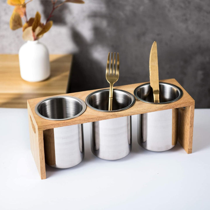 IMEEA Besteckhalter Küchen Utensilienhalter aus SUS304 Edelstahl und Baumholzbasis (3-teilig) 30,5 L