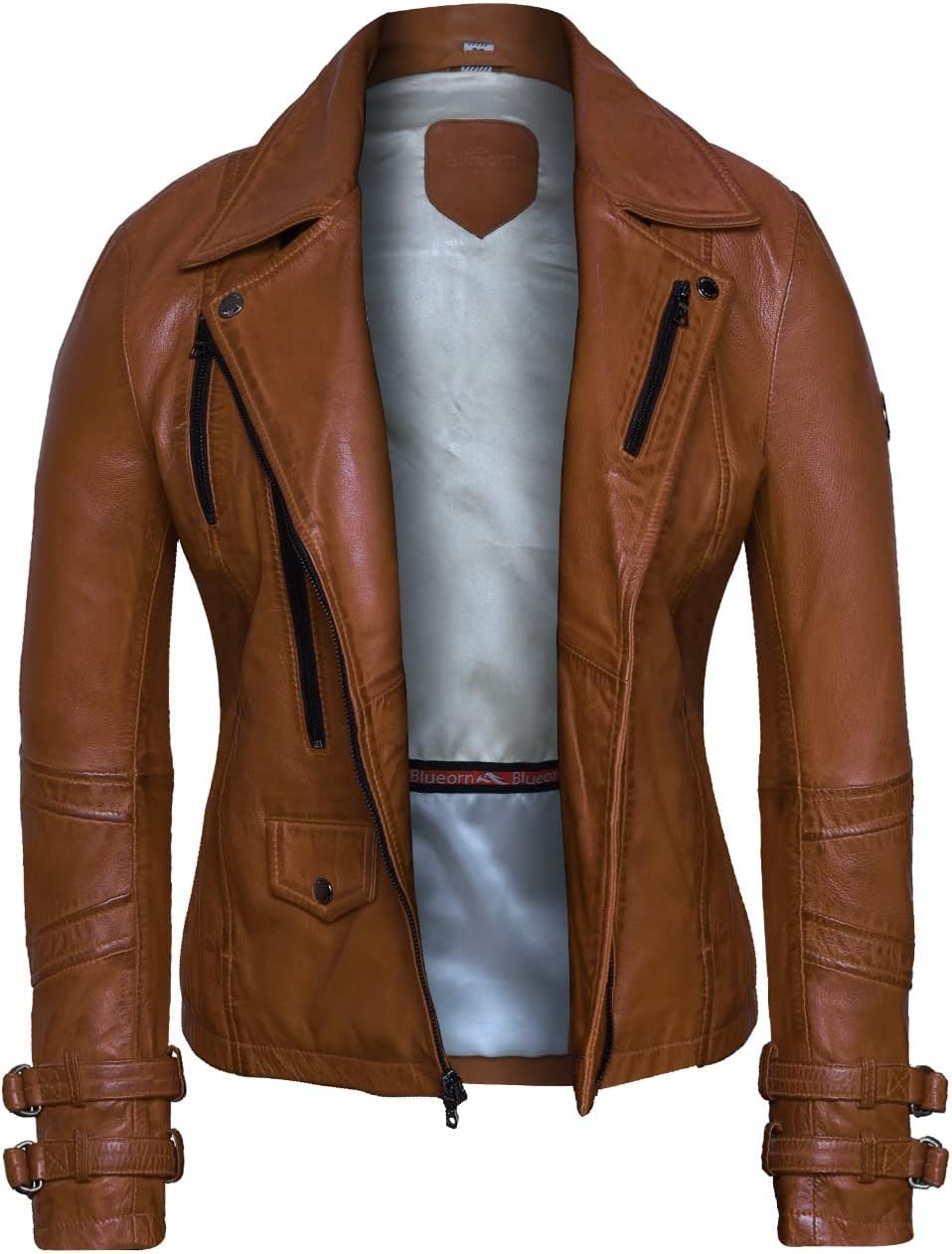 Bluepiel Poula Damen Lederjacke - Modernen Biker-Look - Echt Leder Jacke Rot Tailliert mit Reverskra