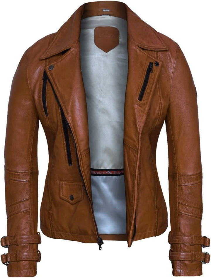 Bluepiel Poula Damen Lederjacke - Modernen Biker-Look - Echt Leder Jacke Rot Tailliert mit Reverskra