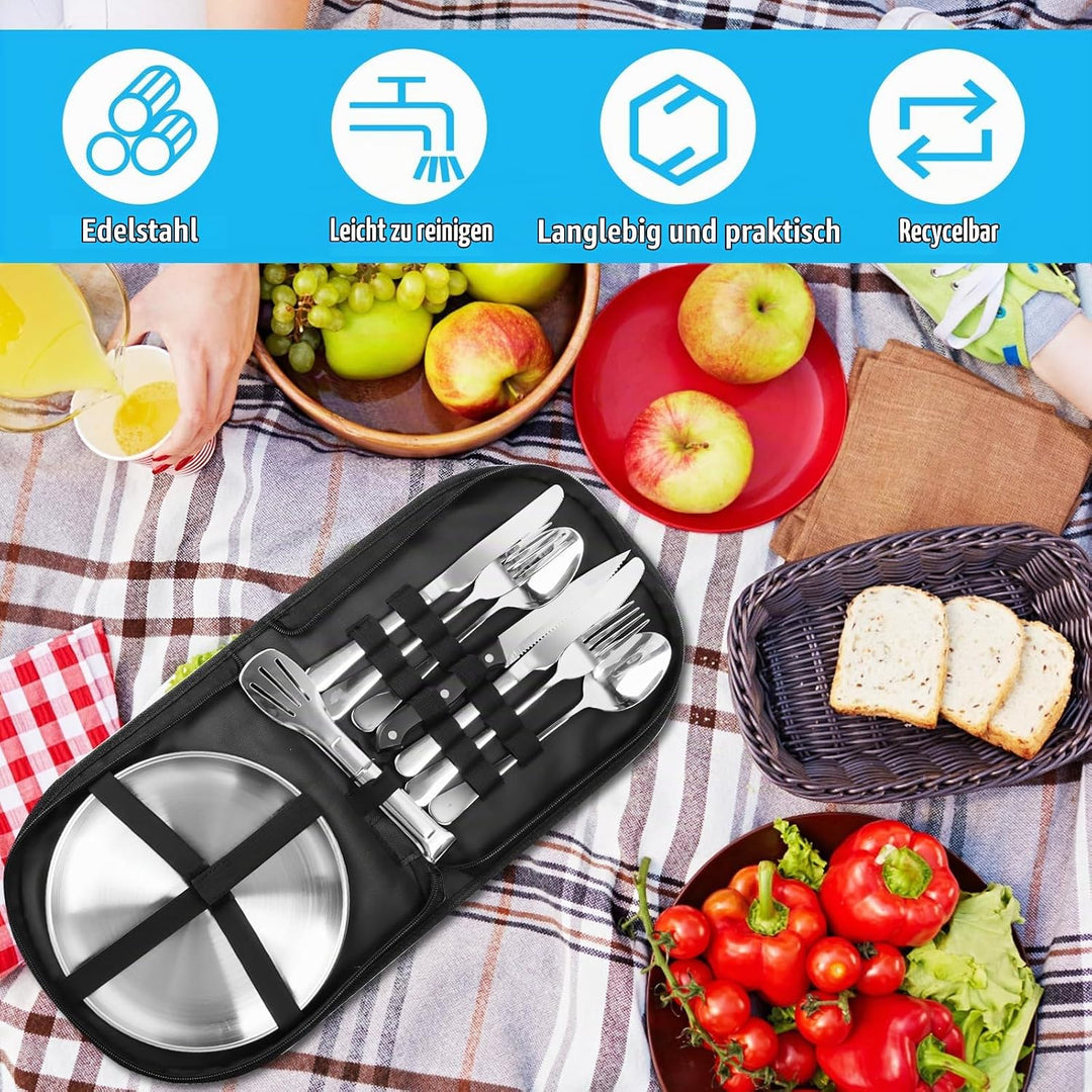 Camping Geschirr Set 2 Personen,12-teilig Besteckset mit Edelstahl Gabeln Tragbars Campingbesteck au