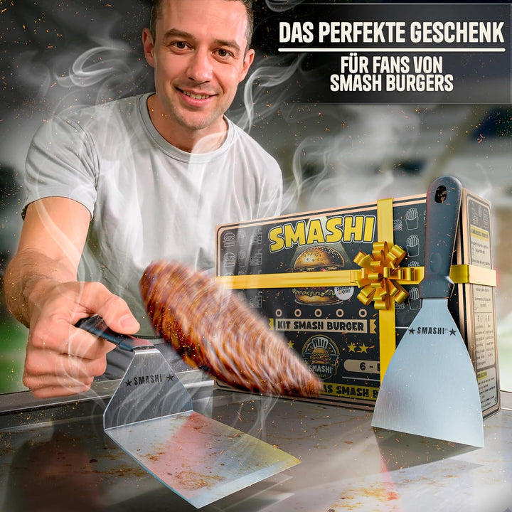 SMASHI® Smash Burger Set Professionell aus Edelstahl 304 – Burgerpresse, 2 Spachtel, Burgerglocke, G