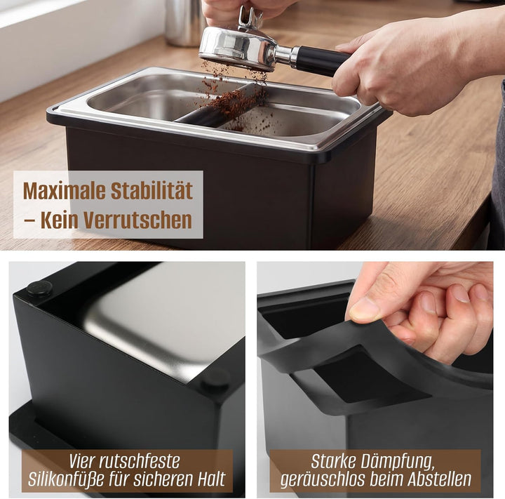 Abklopfbehälter für Siebträger, Espresso Klopfbox Edelstahl, Abschlagbox Knock Box mit stossdämpfend