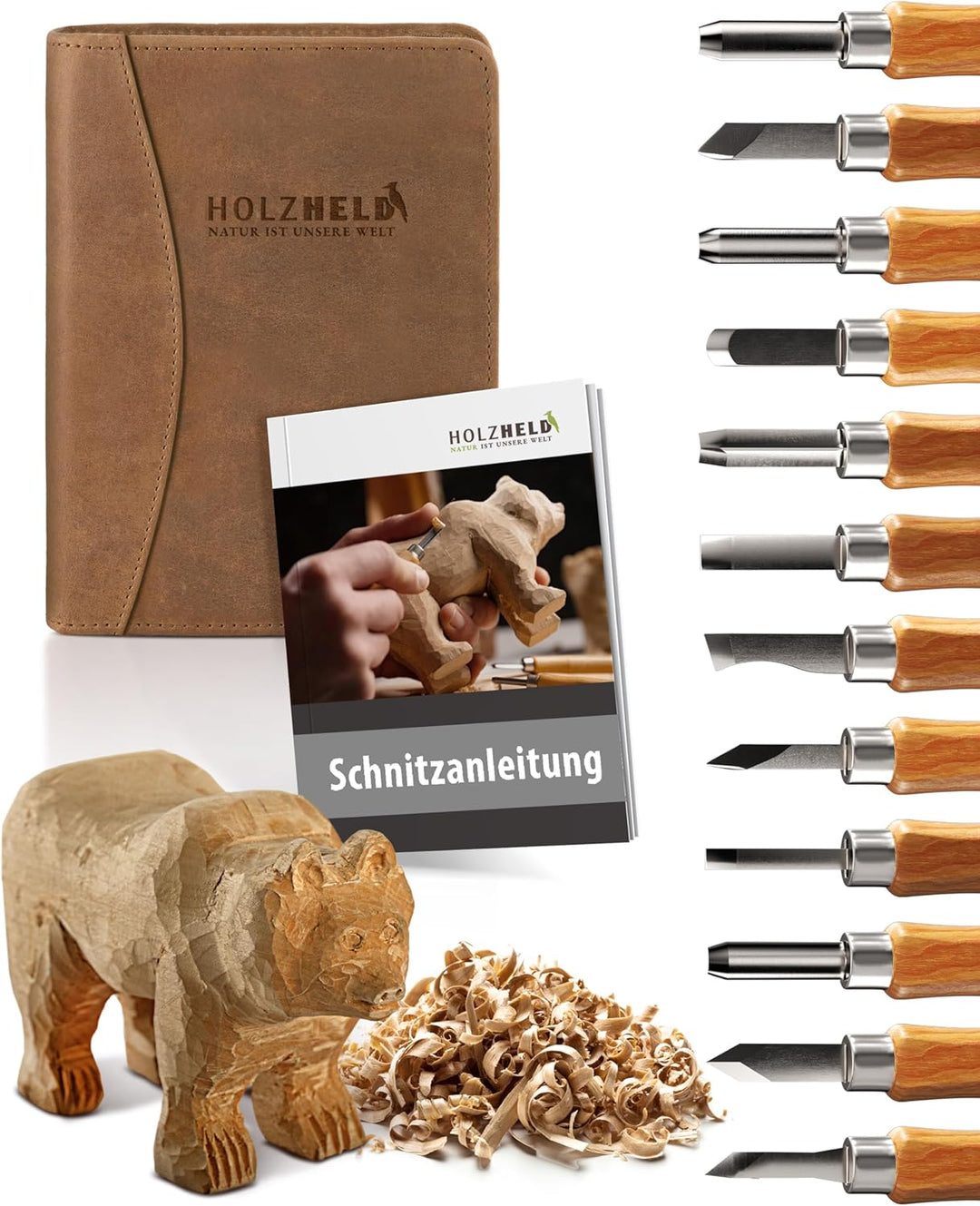 HOLZHELD Schnitzwerkzeug -Set (16-teilig) in hochwertig verarb. Ledertasche. Schnitzset mit hochwert