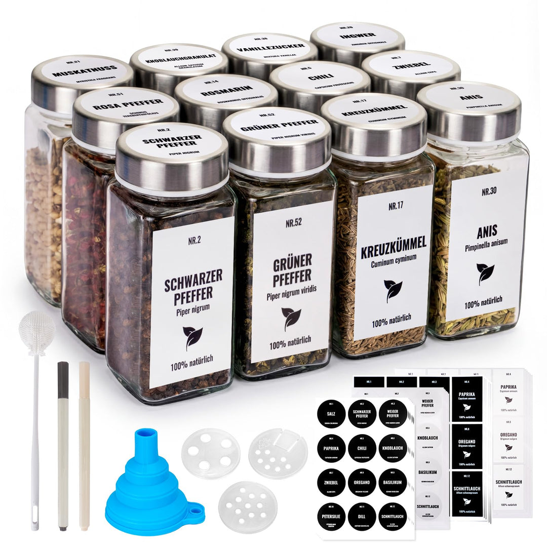 12er 120ml Gewürzgläser Eckig, Gewürzgläser Set, Gewürzdosen Mit Edelstahl Deckel Gewürzbehälter Mit