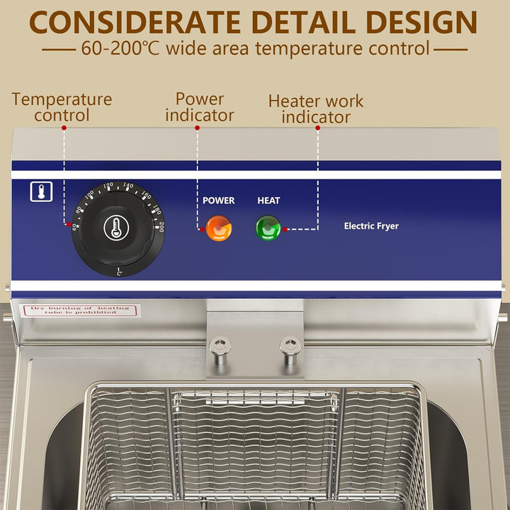 MOOTACO Gastro Fritteuse Friteuse Edelstahl, 6L Behälter, Elektro Fritteuse 3000W, Edelstahl elektri