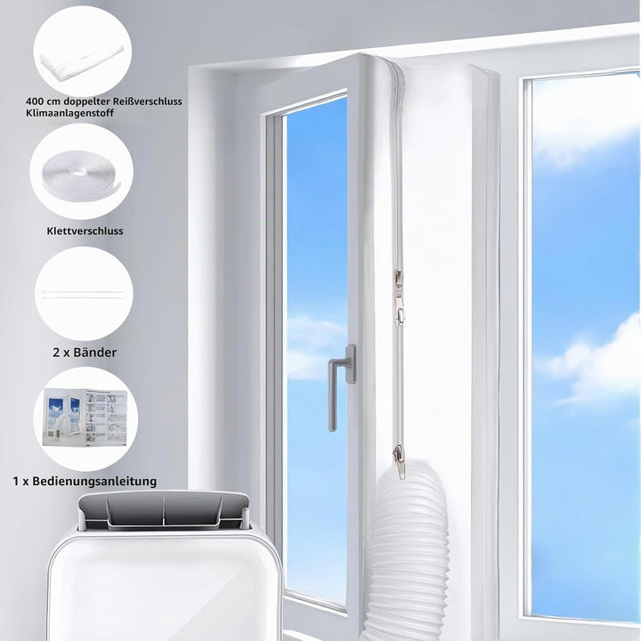 Fensterabdichtung für mobile Klimageräte 400CM Hot Air Stop zum Anbringen an Fenster, Inkl. 2 Kabelb