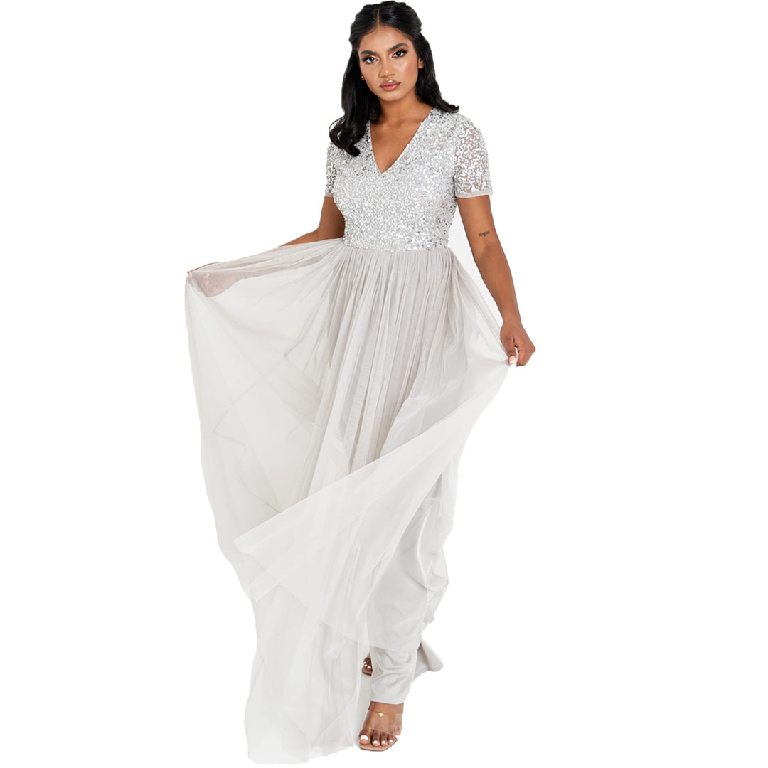 Maya Deluxe Abendkleid mit Pailletten Cocktailkleid Damen mit V-Ausschnitt Tüllkleid Soft Grey 36, S