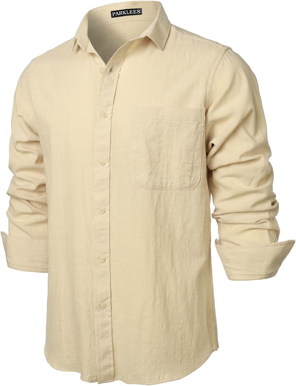 PARKLEES Herren Regular Fit Baumwolle wie Leinen Hemd Casual Langarm Button Down Shirts mit Tasche S