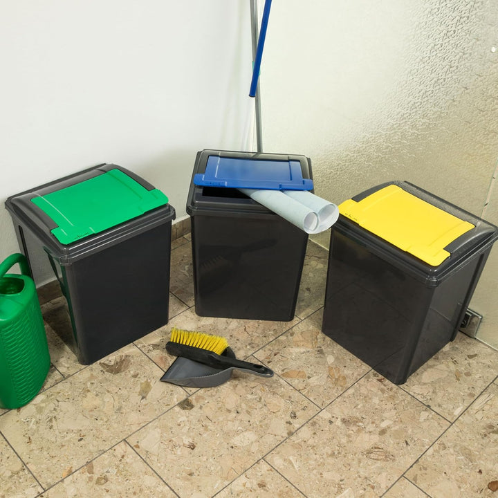 3x 50 Liter Mülltonne Schwarz-Gelb-Blau-Grün, Mülleimer Küche, Mülleimer 3 Fächer, Mülltrennsystem 3
