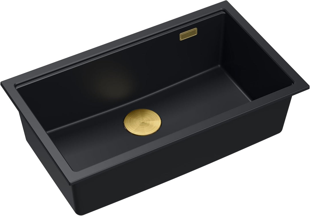QUADRON Spüle Einbeckenspüle Granitspüle Küche | Grösse 70 x 37 x 23,5 cm Farbe: Pure Carbon & Golde
