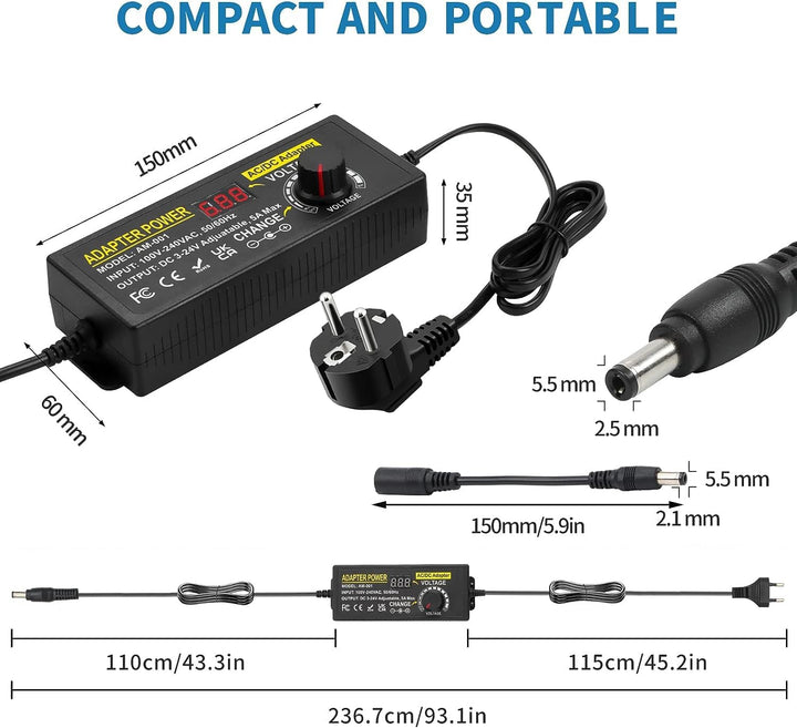 Einstellbares Netzteil, 3V-24V 5A 120W Einstellbares Netzadapter, Universal AC/DC Netzteiladapter,10