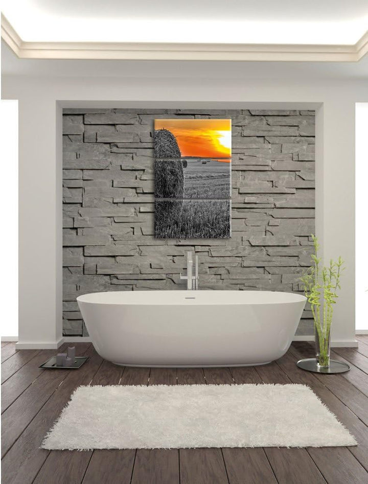 Pixxprint Strohballen bei Sonnenuntergang als Leinwandbild/Grösse: 3 Teilig (120x80) cm/Wandbild/Kun
