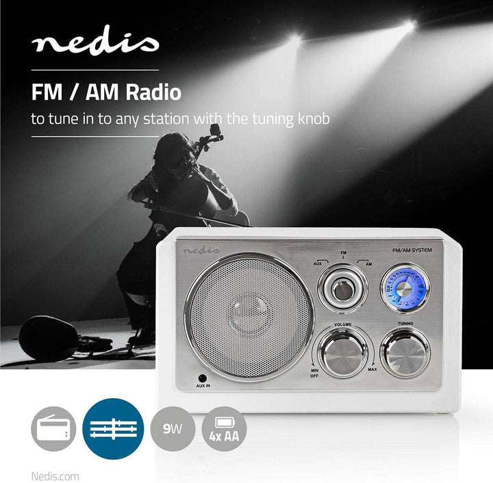 Nedis - UKW-Radio - 9 W - Analoges Tuning - Retro-Design - AUX-Eingang - Abstimmreglers - Antenne -