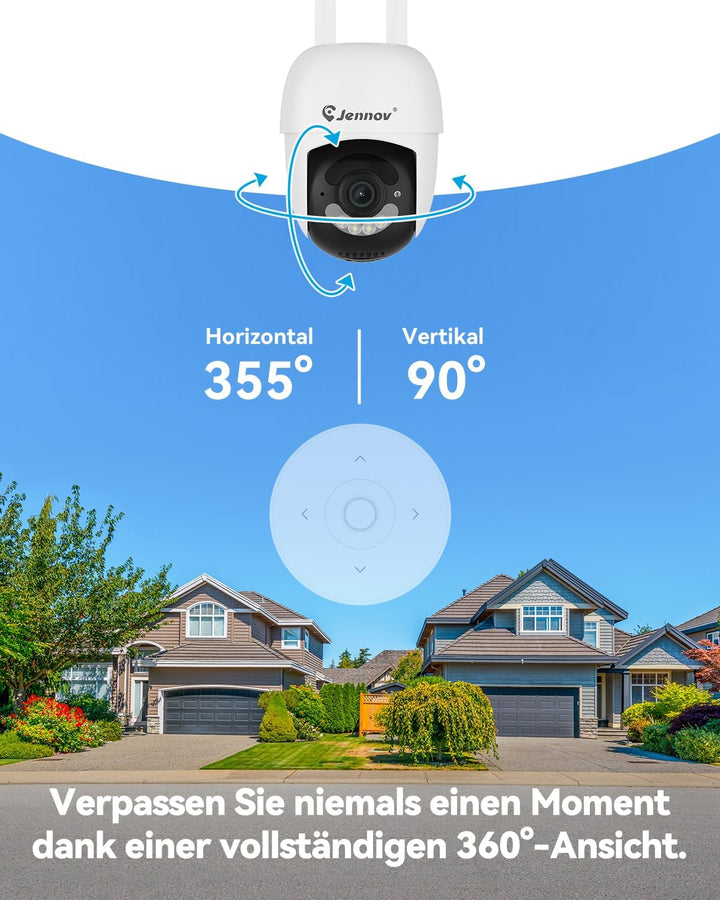 Jennov 2K Überwachungskamera Aussen, 360° PTZ WLAN IP Kamera mit 2-Wege-Audio, Automatische Nachverf