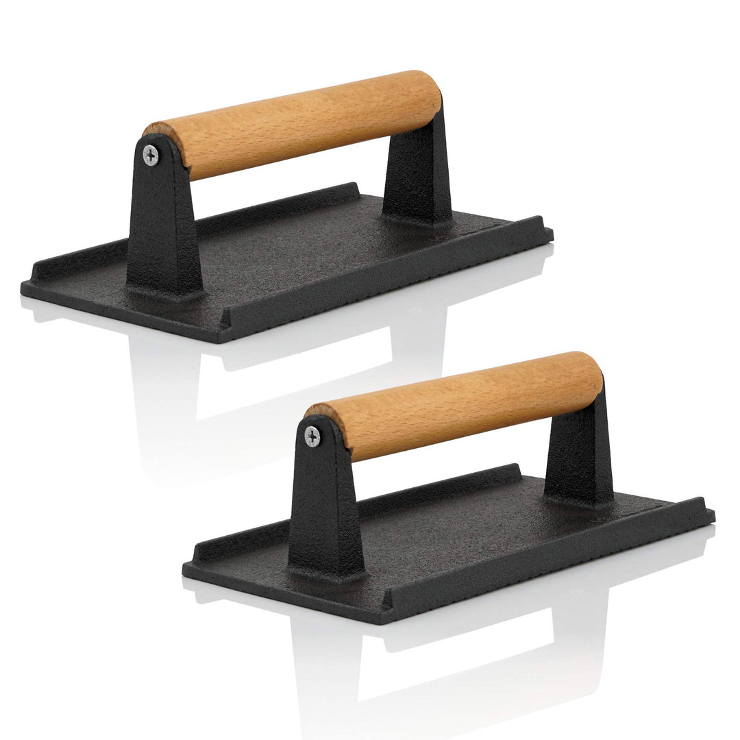 BBQ-Toro 2er Set Gusseisen Fleischbeschwerer 1 kg | 21 x 11 cm | Burger Grillgewicht mit Holzgriff,