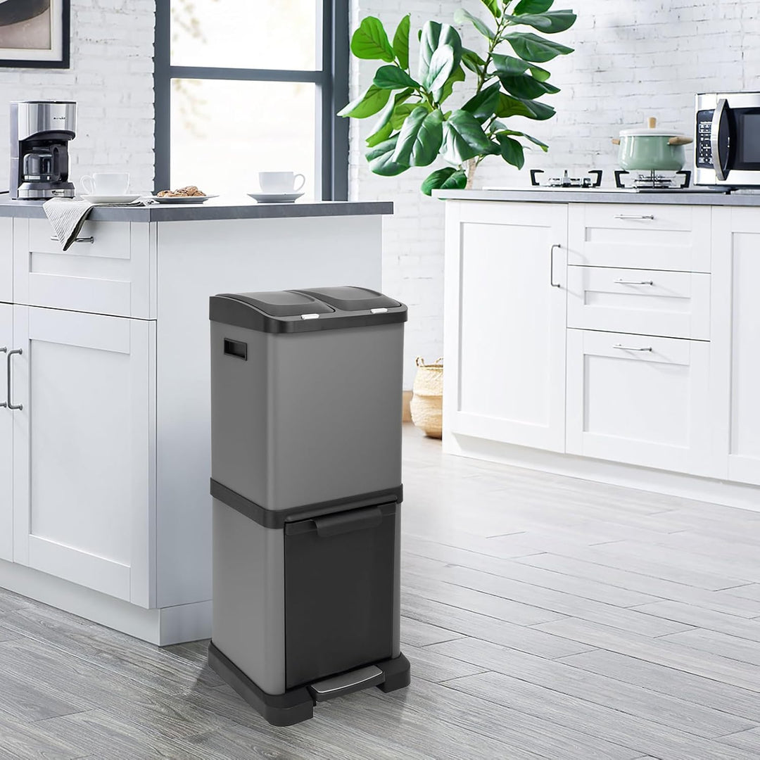 SVITA 3XCOMBO32 Mülleimer Treteimer Abfalleimer Mülltrennung mit Schubfächern Grau (32 Liter 2x8L +