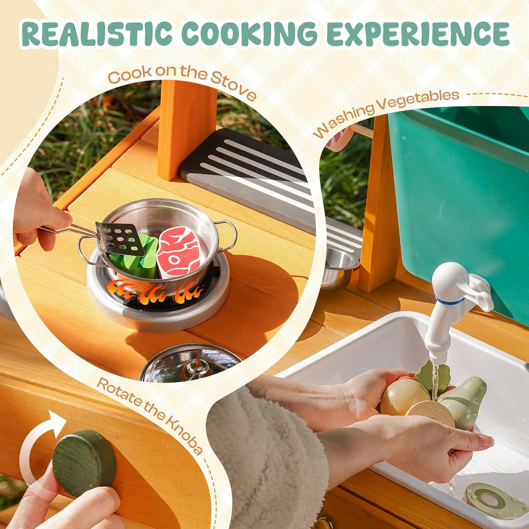 ROBUD Matschküche Kinder Outdoor, Holz Spielküche mit Rädern, Grill, grossem Wassertank & Echtem Was