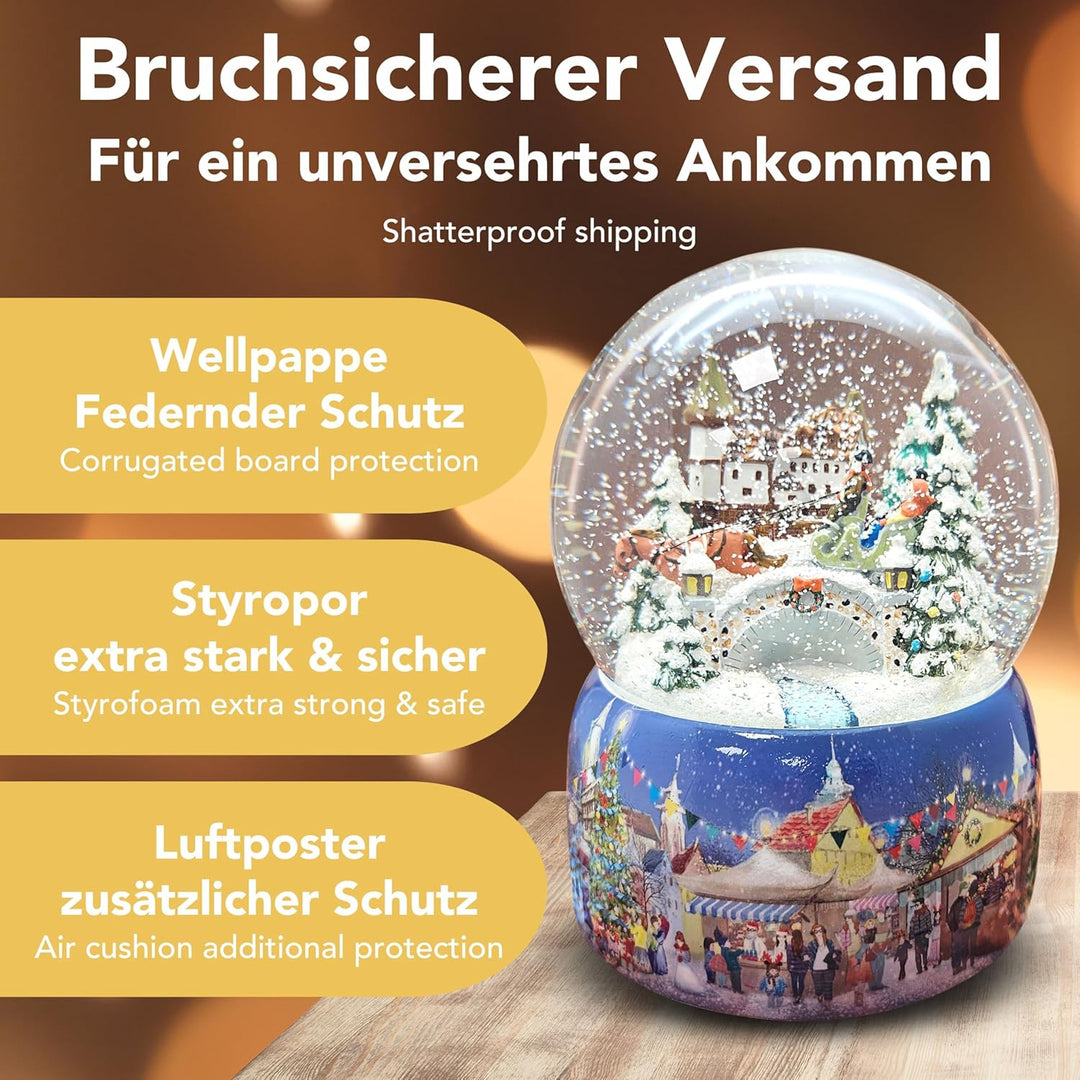 Schneekugel Weihnachten Spieluhr | Nostalgie Pferdekutsche über Brücke | Sockel Winterlandschaft | M