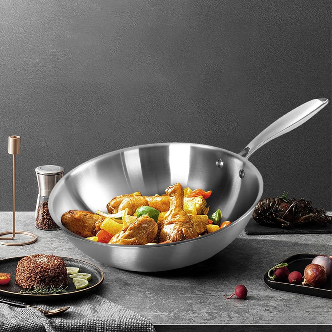 Denash Chinesische Wok -Pfanne 304 Edelstahl Nicht -Stick -Rührpfanne mit Griff, für Induktions -Ele