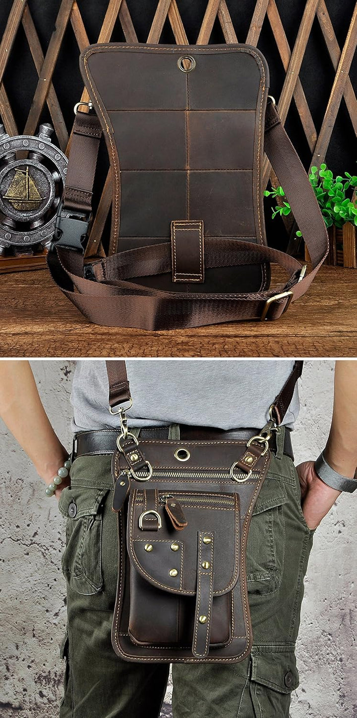Le'aokuu Herren Echtes Leder Tasche Hüfttasche Beinbeutel Kleines Haken Tasche Messenger Bag