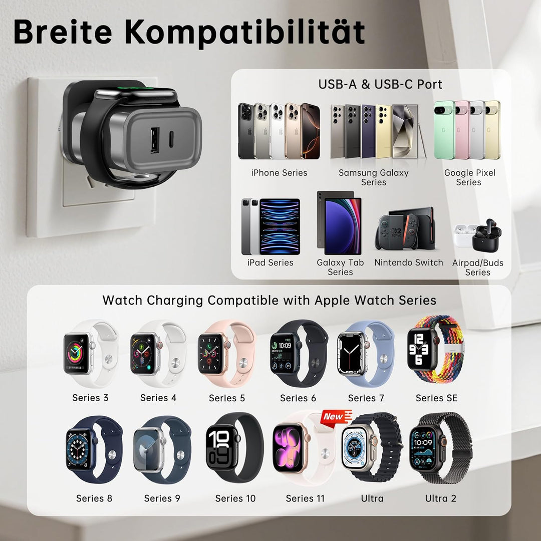 3-in-1-Ladegerät für Apple Watch,PD 25 W Dual-Port-Wandladegerät für iPhone, USB-C-Schnellladung, un