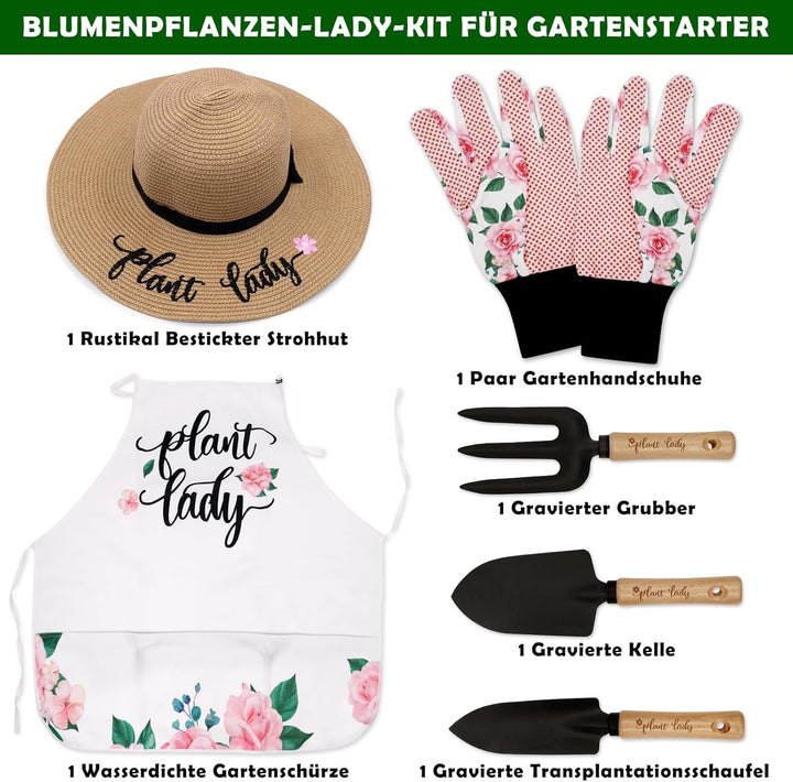Pflanze Dame Gartenwerkzeug Kit mit Pflanzwerkzeugen Strohhut Blumenschürze Handschuh Frauen Geburts