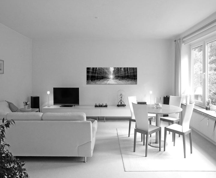 Paul Sinus Art Leinwandfoto als Panorama SCHWARZ/Weiss 150x50cm Wald Bäume Winter Schnee Sonnenaufga