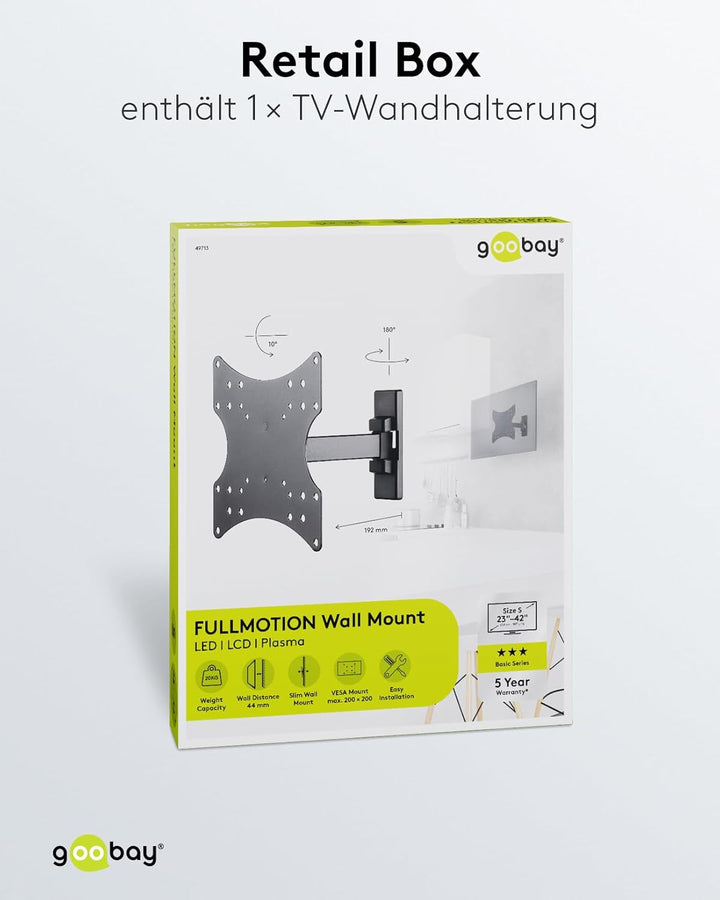 goobay TV-Wandhalterung – 23 bis 42 Zoll, voll bewegliche neig- und schwenkbare Monitorhalterung, 20