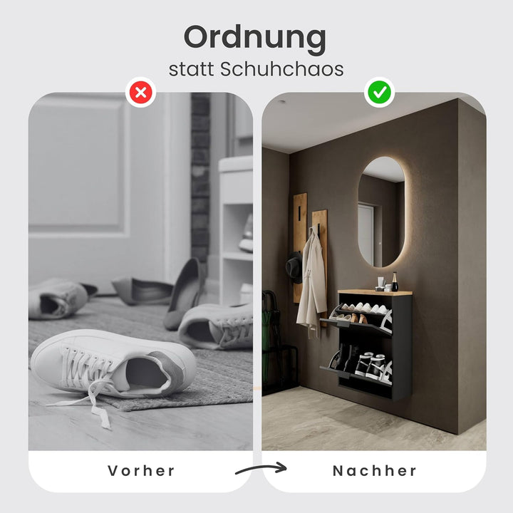 Planetmöbel Schuhschrank schmal mit 2 Klappen platzsparender Schuhregal mit 4 Ablagen, Schuhkommode
