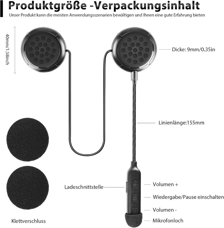 Motorrad Helm Kopfhörer Bluetooth, Motorradhelm Wireless Headset Bluetooth 5.0 Gegensprechanlage Mot