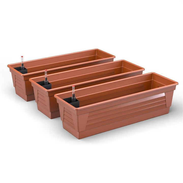 Blumenkasten Milano 3er Set 80 cm lang Farbe Terrakotta mit Wasserspeicher und Wasserstandsanzeige P