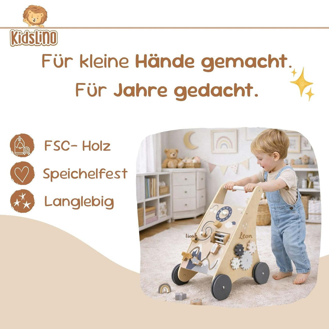 Personalisierter Lauflernwagen aus Holz mit Name – Sicherer Baby Schiebewagen für erste Schritte – L