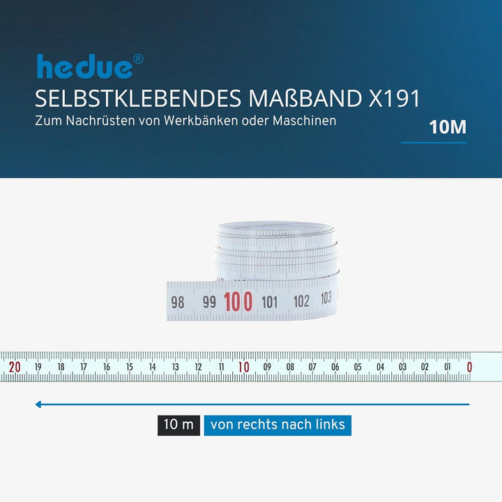 hedue® selbstklebendes Massband 10 m X191 - Massband selbstklebend , von rechts nach links von recht
