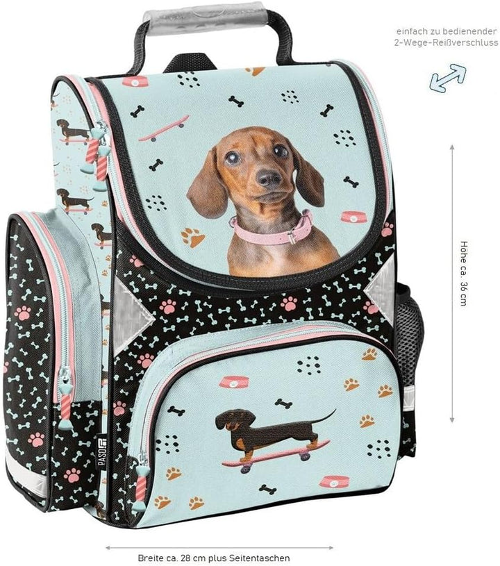 Familando - Schulranzen Set - 8-teilig mit Federmappe - Weenie Dog Dackel - Ergonomisch, stabil & mi