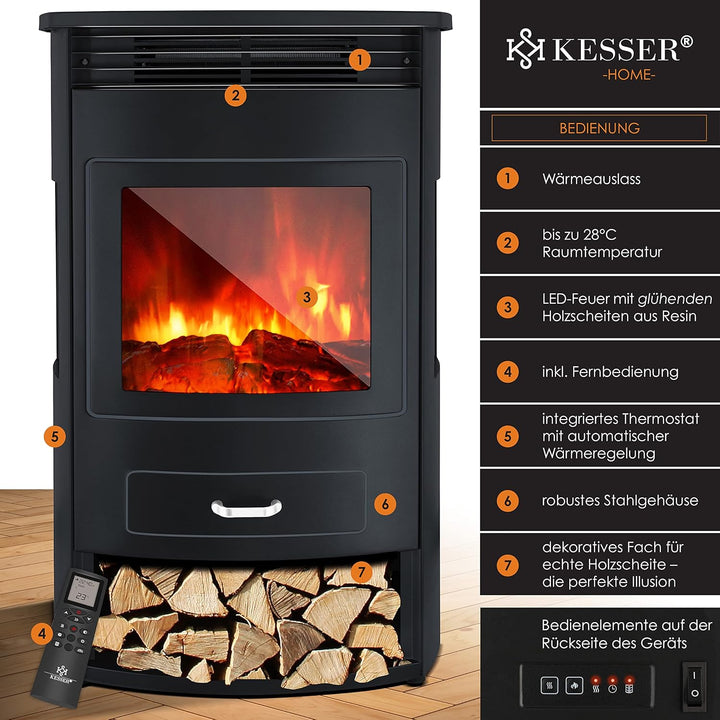 KESSER® Prio Elektrokamin mit Heizung Heizlüfter Fernbedienung WiFi App 950/1900 W Kamin elektrisch