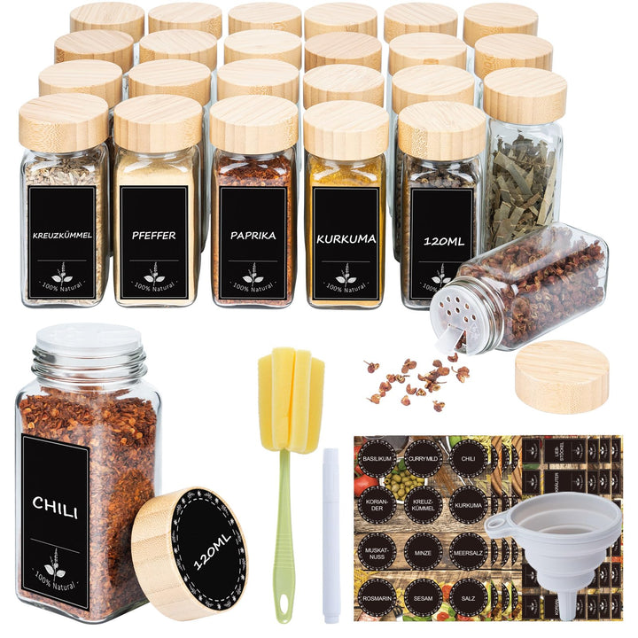 Gewürzgläser Eckig 24er Set 120ml, Gewürzdosen mit Streueinsatz, luftdichtem Schraubdeckel, Inkl. Tr